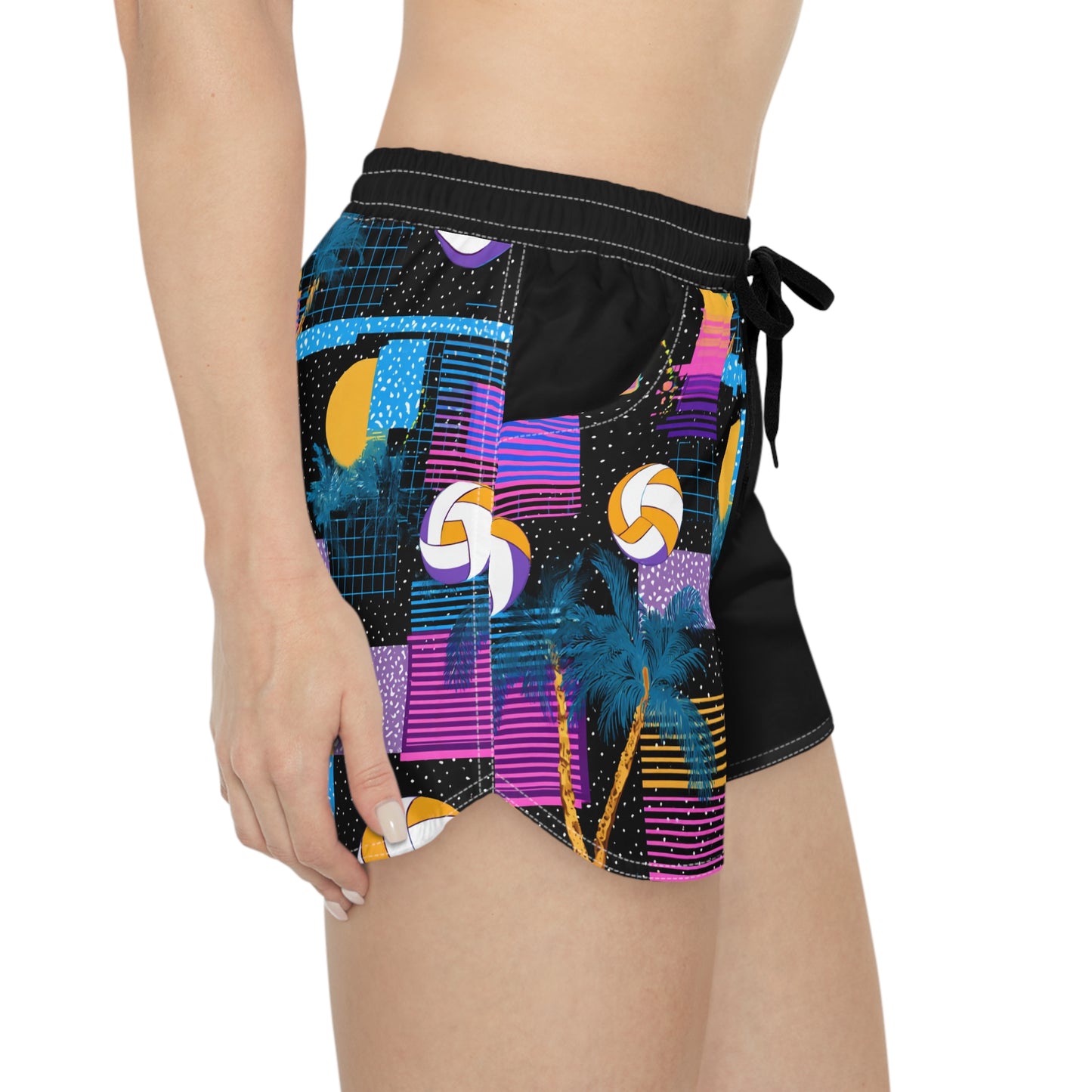 Retro Beach Volleyball Women's Casual Shorts — Neon Palm Sunset AOP