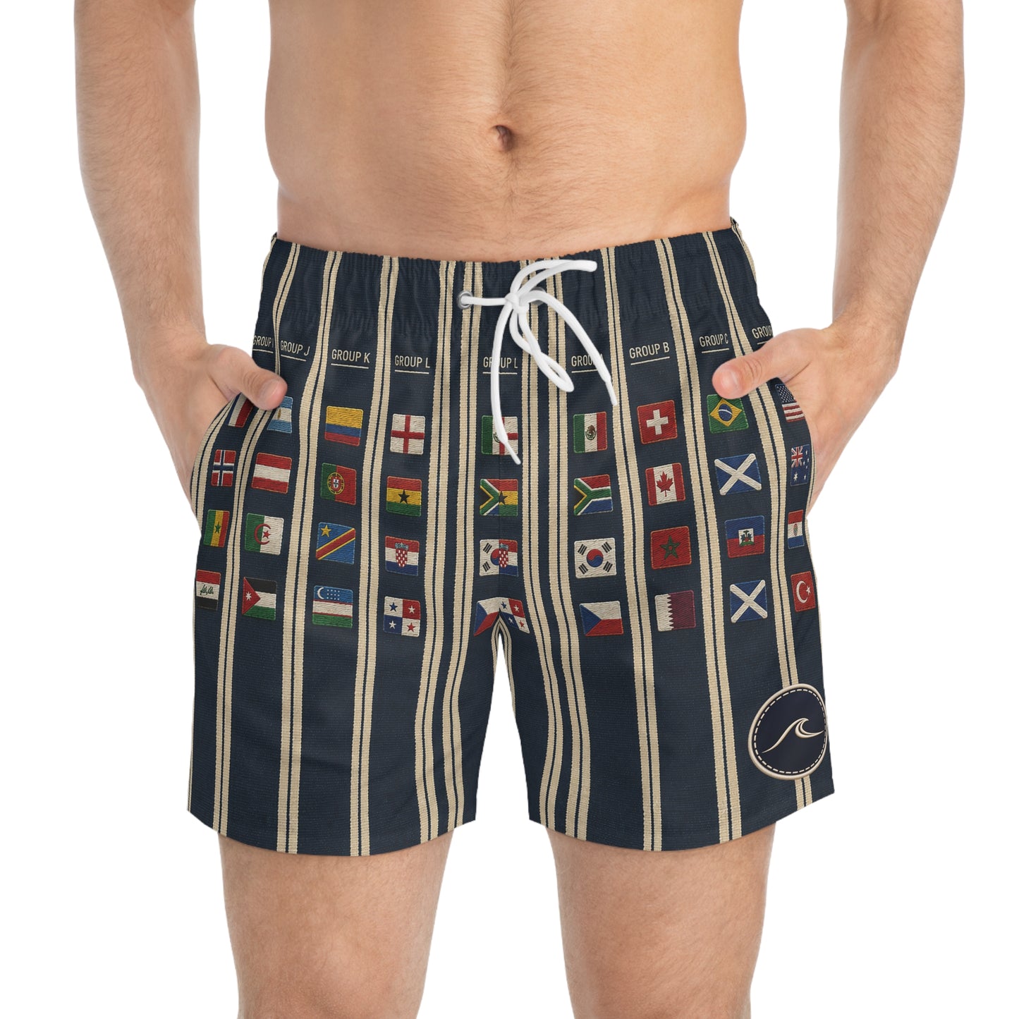 Surfache World Cup Groups 2026- Flags Swim Trunks — Retro Striped Vacation Boardshorts