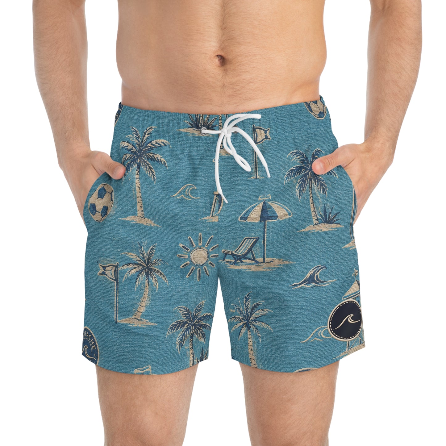 Surfache World Cup Men's Tropical Beach Print Swim Trunks — Palm Trees, Surf & Lifeguard Pattern