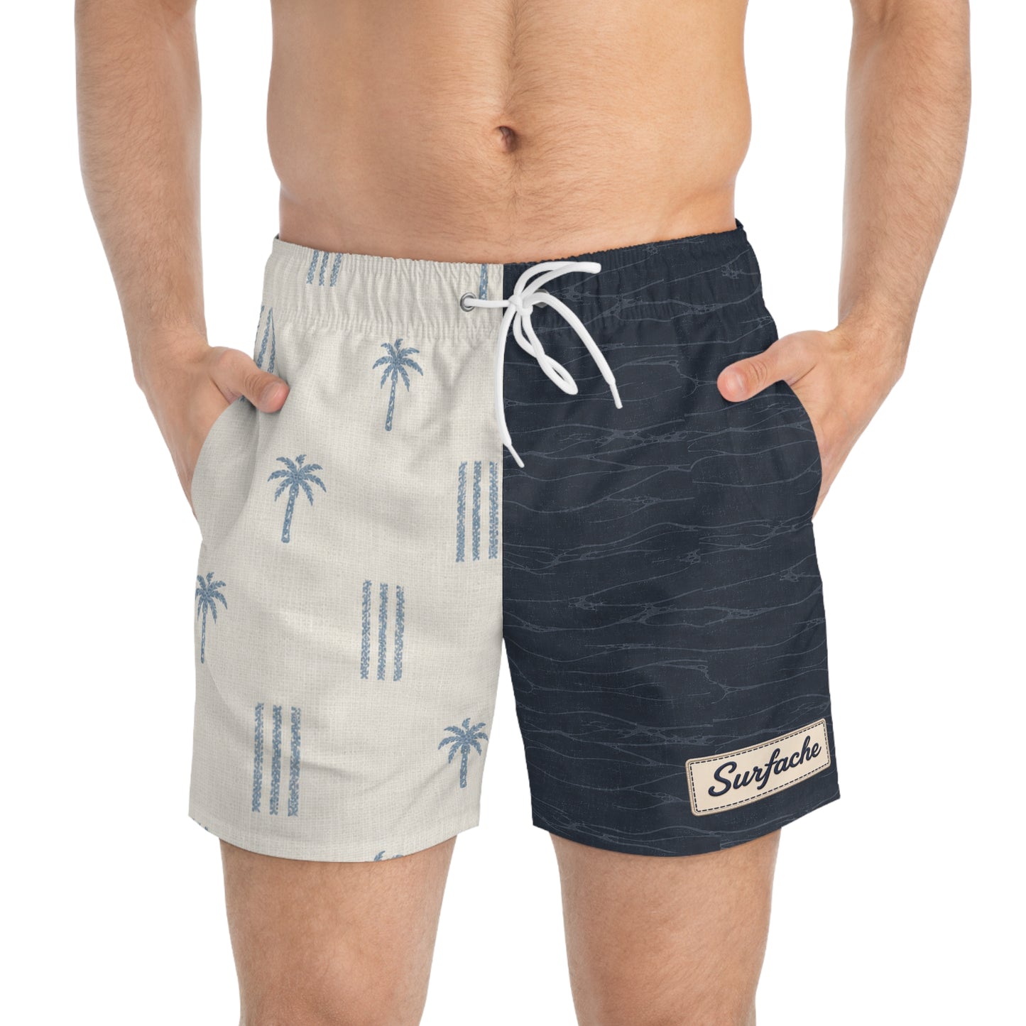 Surfache Split Palm-Stripe Swim Trunks — Retro Navy & Sand All-Over Print