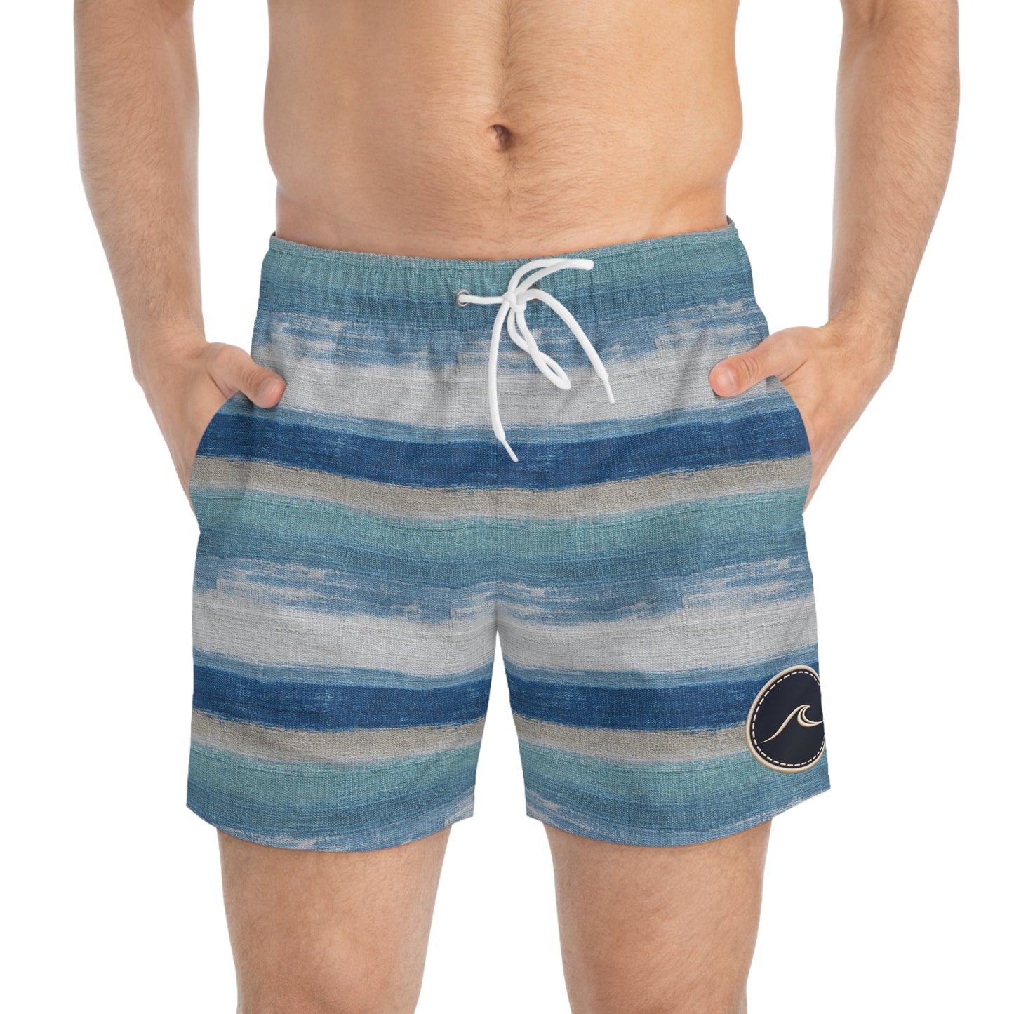Surfache Harbor Blue Striped Swim Short— Casual Surf Logo Beach Shorts