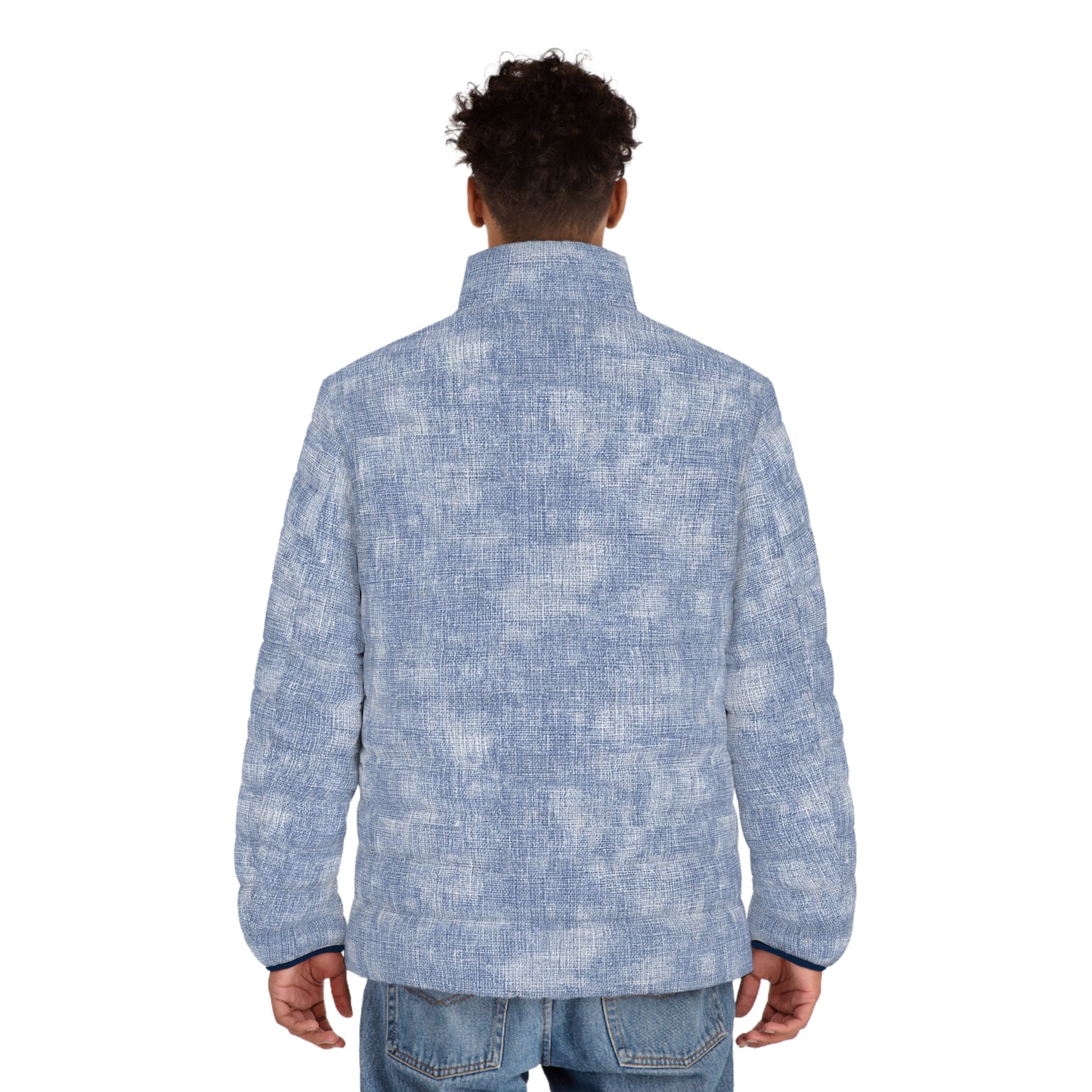 Light Blue Textured Puffer Jacket — Men's Casual Quilted Coat