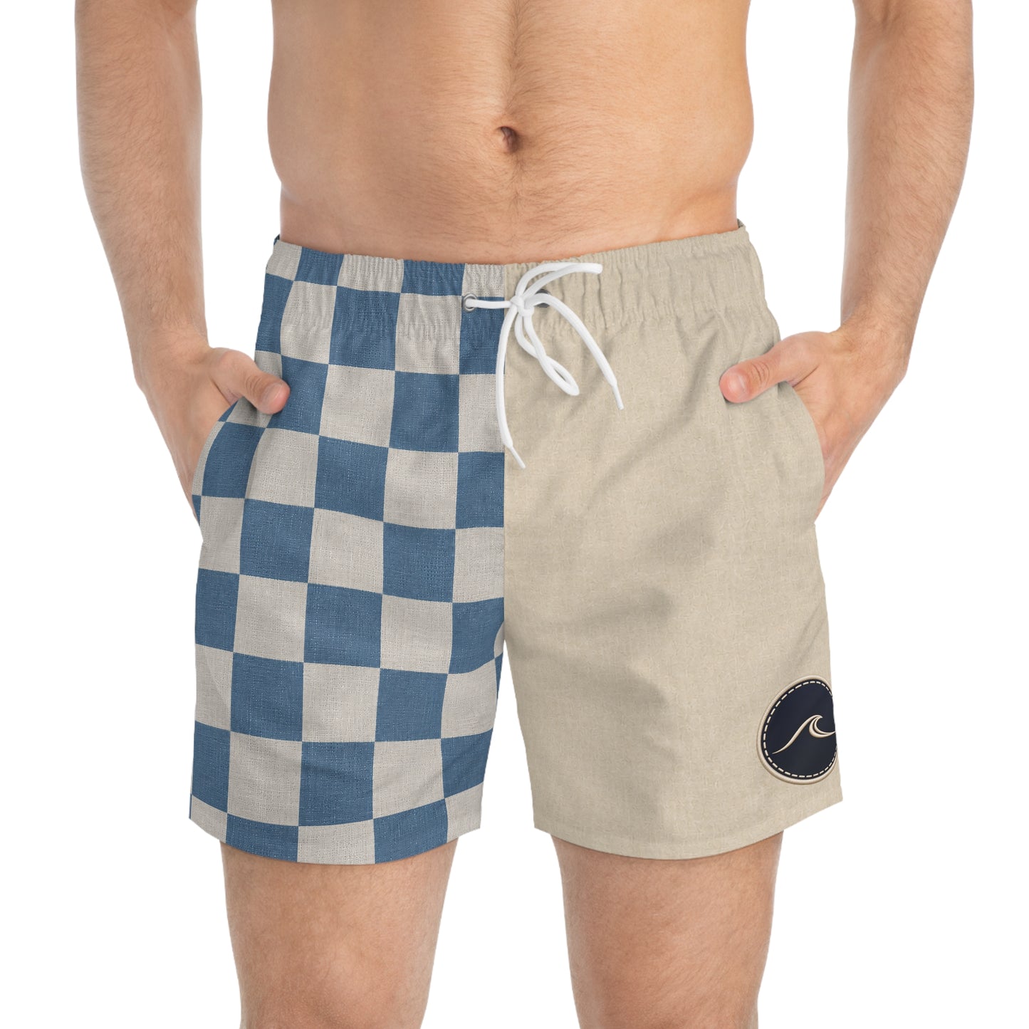 Surfache Club Checkerboard Split Swim Trunks — Retro Surf Logo Swim Shorts