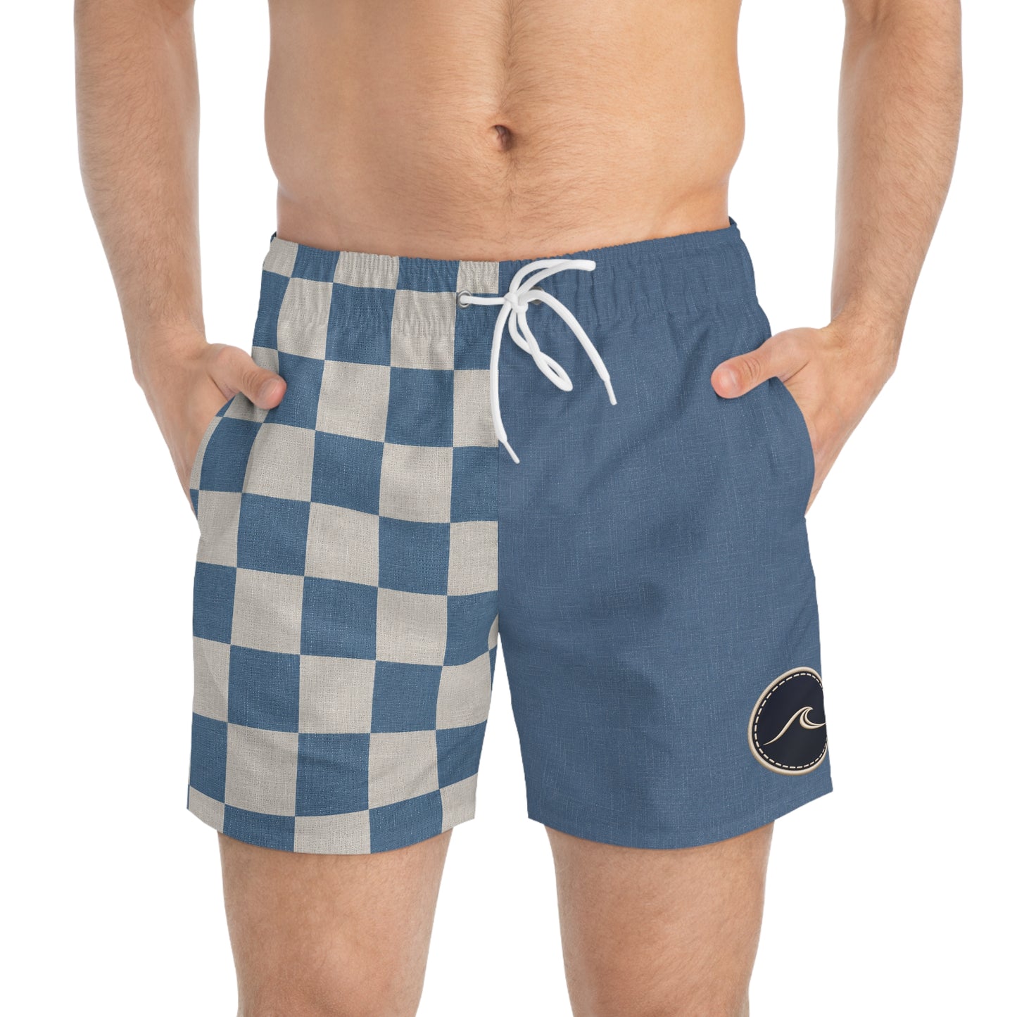 Surfache Club Checkerboard Split Swim Trunks — Retro Surf Logo Swim Shorts
