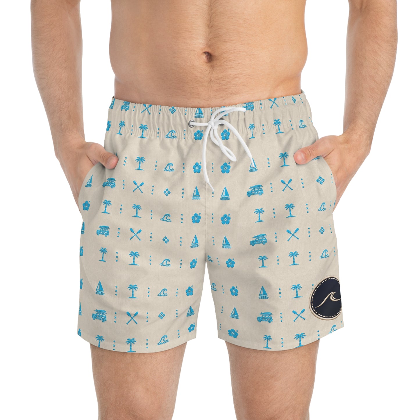 Surfache Men's Casual Surf Pattern Swim Trunks — Blue Beach Icons AOP