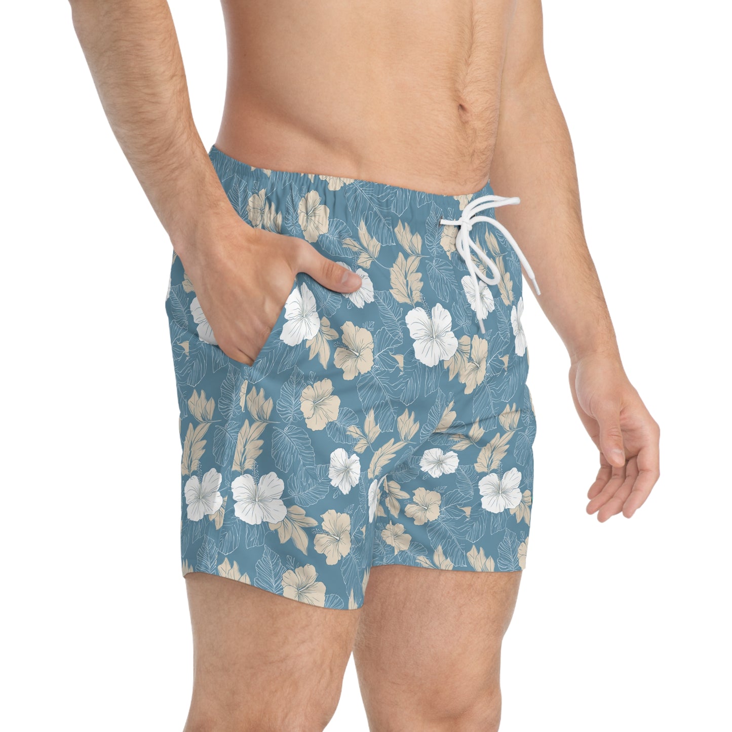 Hibiscus Floral Swim Trunks — Blue Tropical All-Over Print
