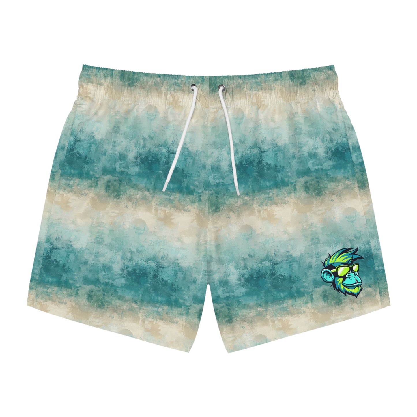 Men's Teal Beach Wave Swim Trunks — All-Over Print with Surf Skull Accent