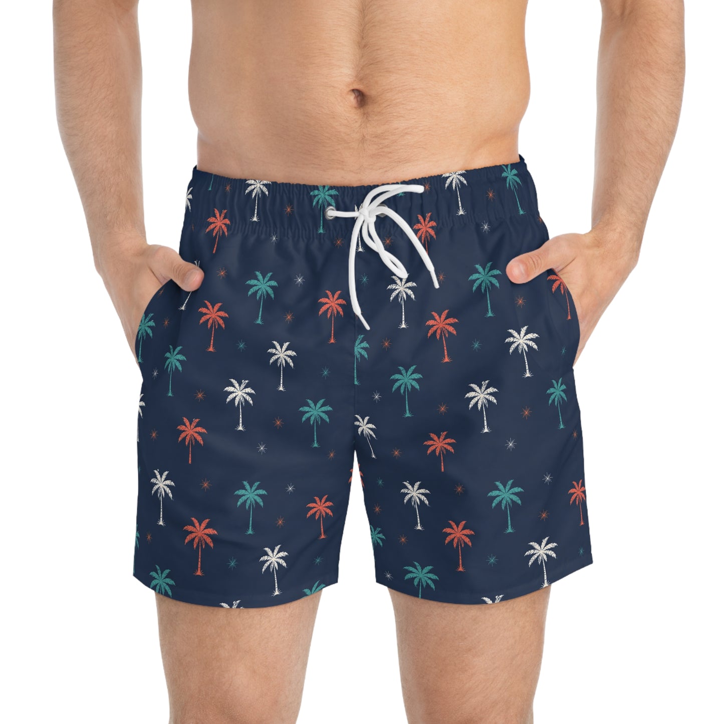 Navy Palm Print Swim Trunks — Retro Tropical Men's Beach Shorts