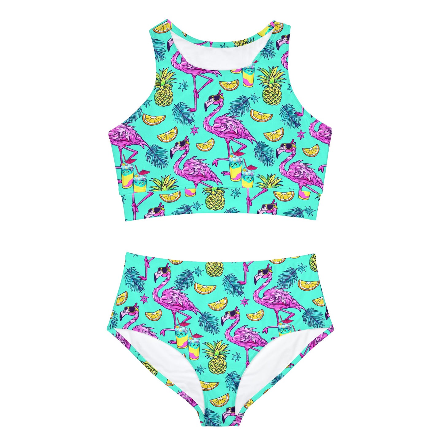 Flamingo Party Surface Beach Volleyball Club Neon Palm Sporty Bikini Set