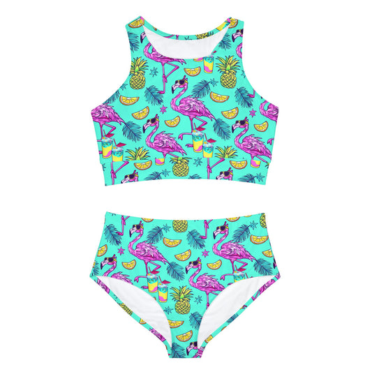 Flamingo Party Surface Beach Volleyball Club Neon Palm Sporty Bikini Set