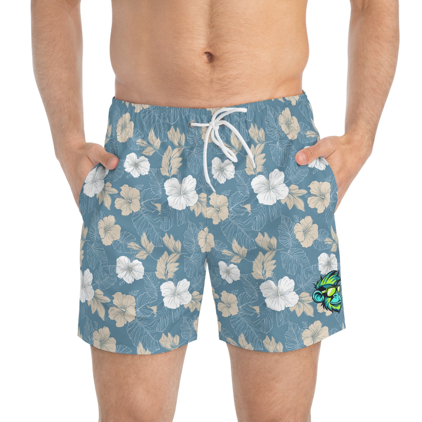 Hibiscus Floral Swim Trunks — Blue Tropical All-Over Print