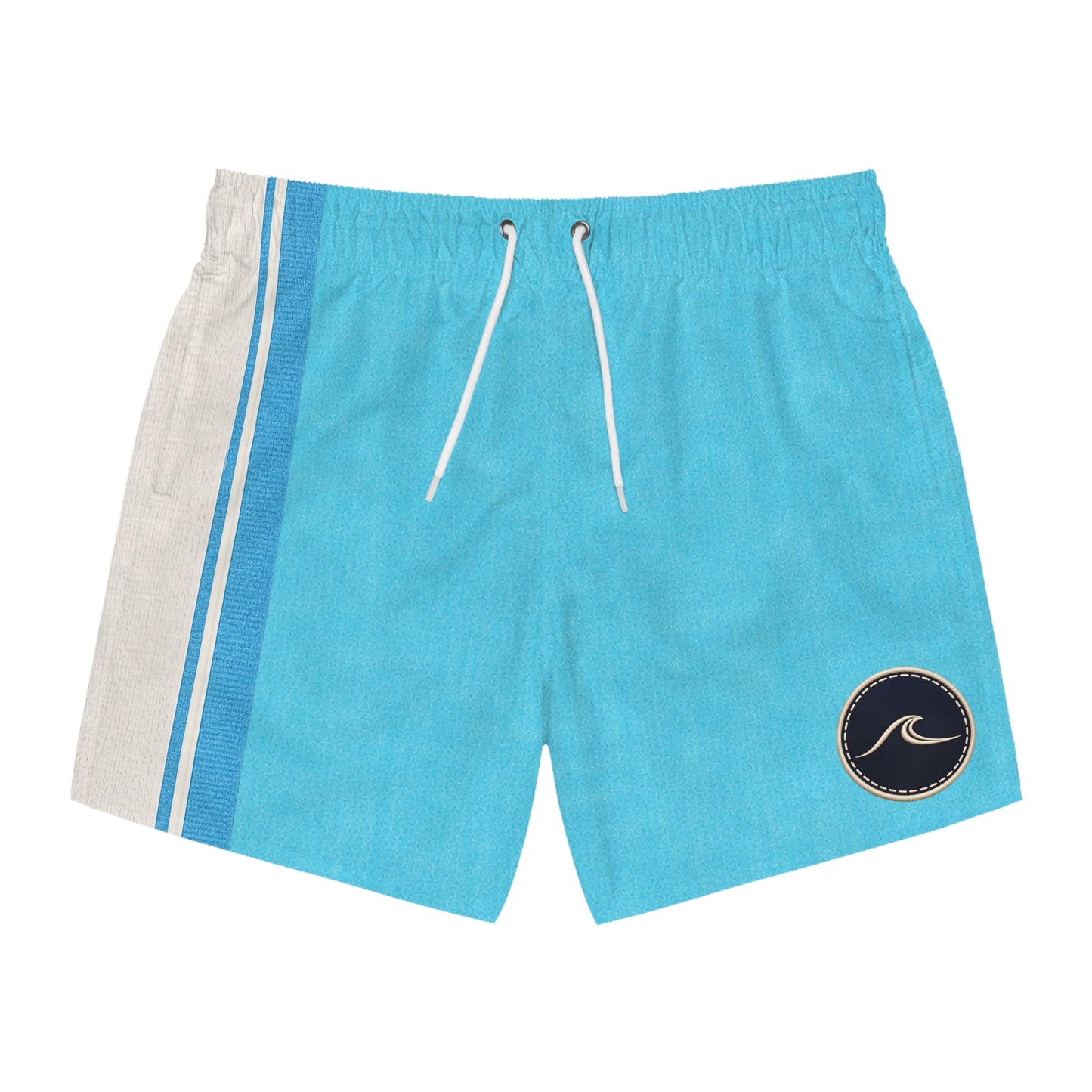 Surfache Men's Aqua Stripe Club Short Swim Trunks — Retro Surf Wave Patch