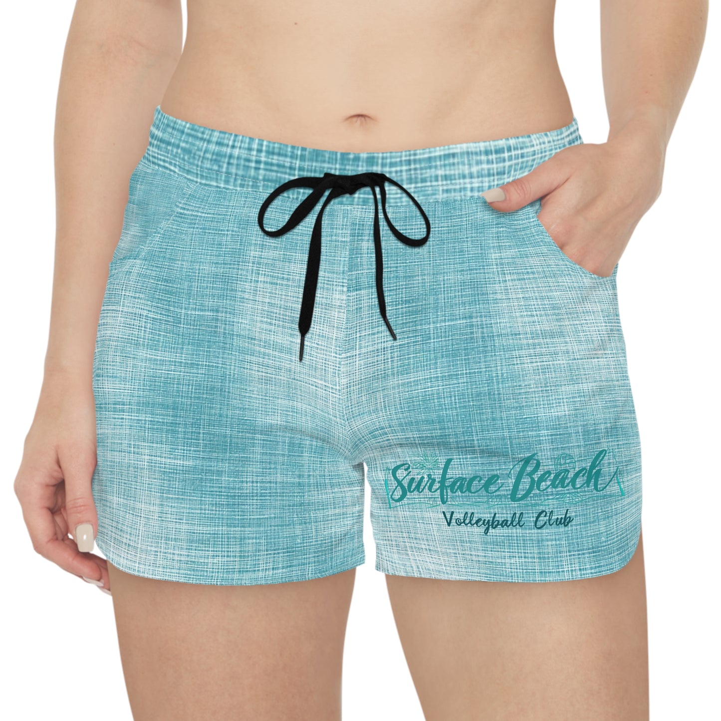 Surfside Beach Volleyball Club Women's Casual Beach Shorts – Aqua Linen Print