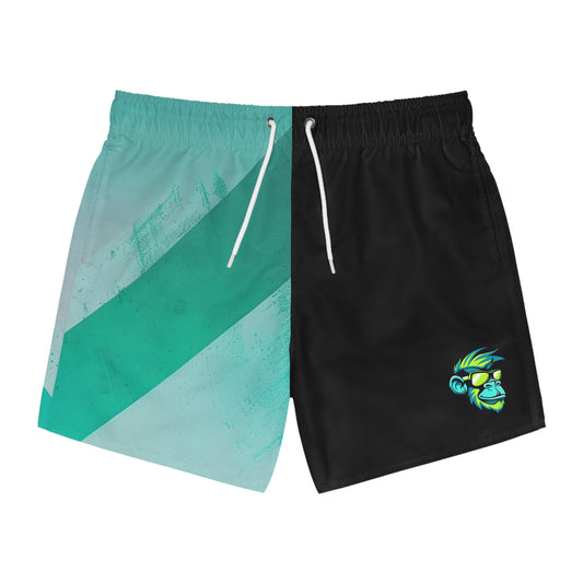 Men's Two-Tone Teal Diagonal Swim Trunks with Tropical Mask Logo