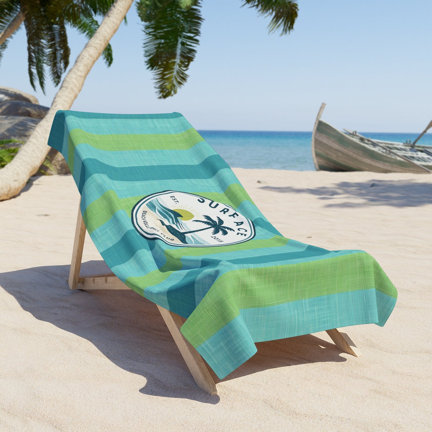 Surf Logo Beach Towel — Striped Tropical Palm Design