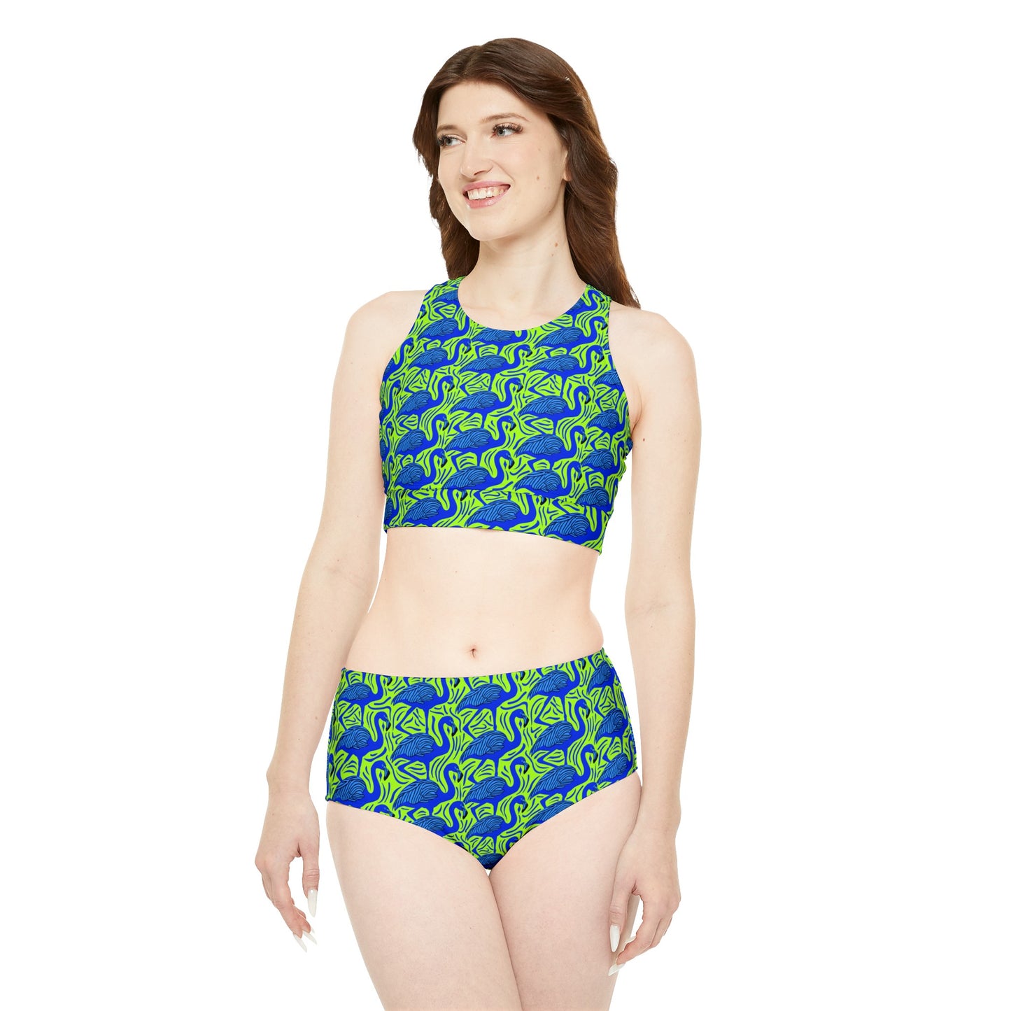 Flamingo Party Surface Beach Volleyball Club Neon Palm Sporty Bikini Set