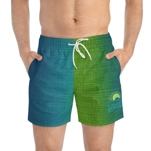 Gradient Sea Surf Swim Trunks — Green to Teal AOP with "Surface" Logo