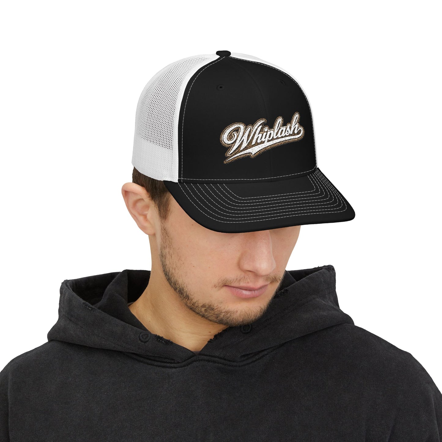 Whiplash Script Snapback Trucker Cap — Retro Baseball Mesh Hat