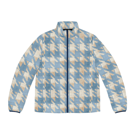 Puffer Jacket — Soft Blue Houndstooth All-Over Print