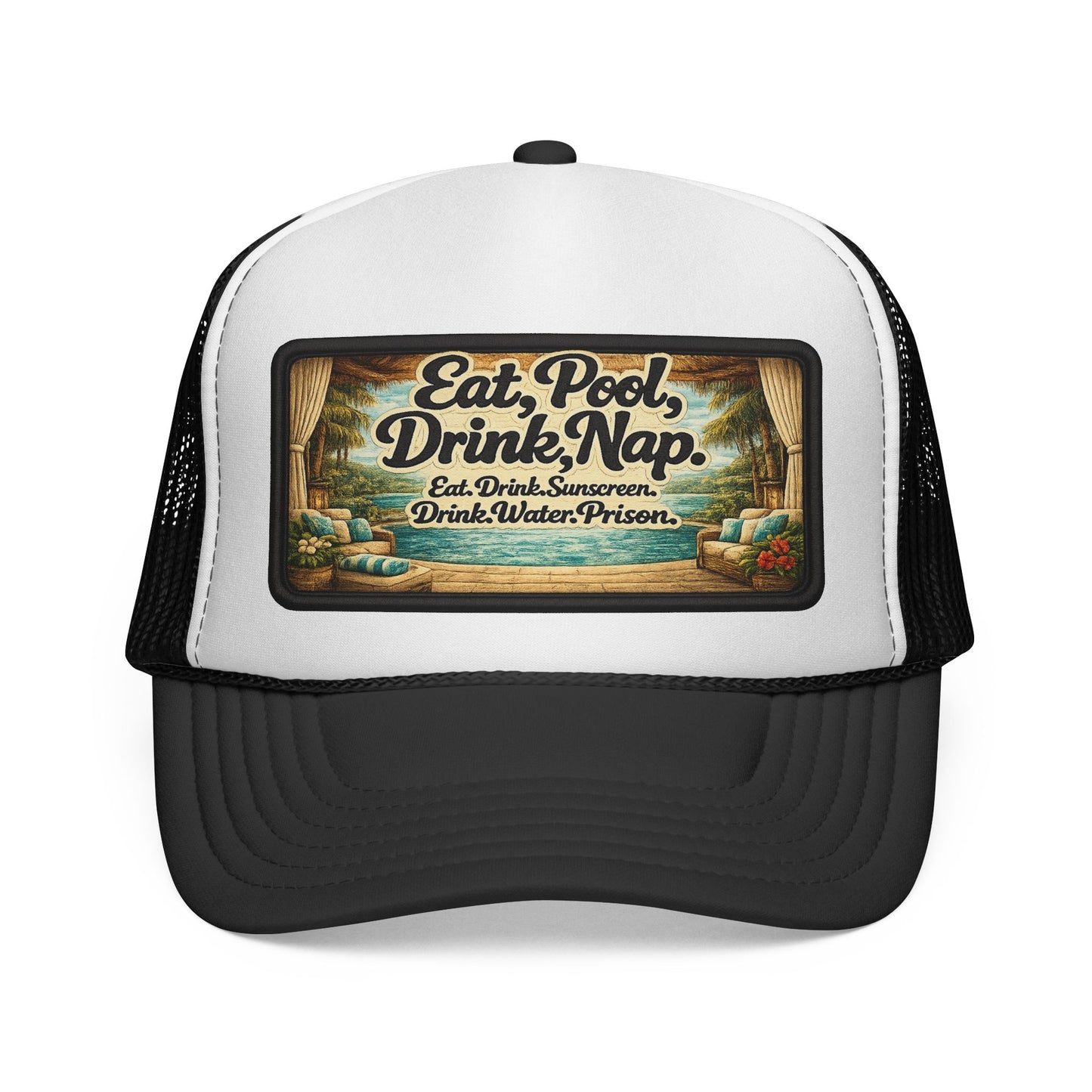 Surfache Trucker Cap - "Eat, Pool, Drink, Nap" Vintage Beach Patch Hat