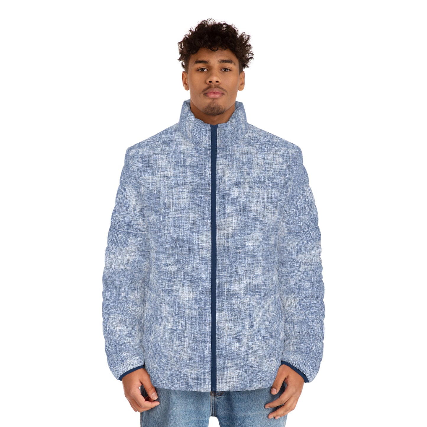 Light Blue Textured Puffer Jacket — Men's Casual Quilted Coat