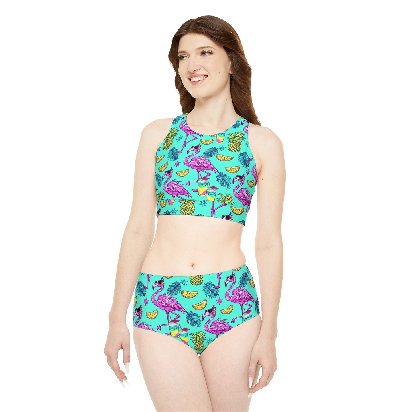 Flamingo Party Surface Beach Volleyball Club Neon Palm Sporty Bikini Set