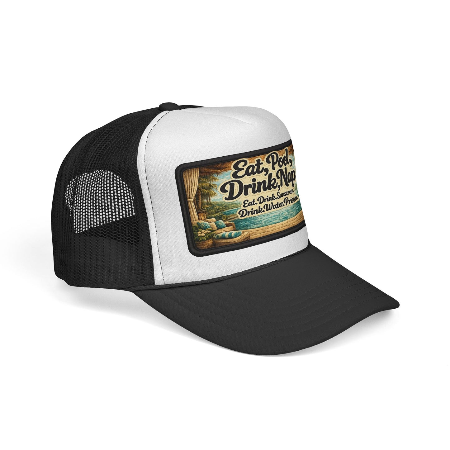 Surfache Trucker Cap - "Eat, Pool, Drink, Nap" Vintage Beach Patch Hat