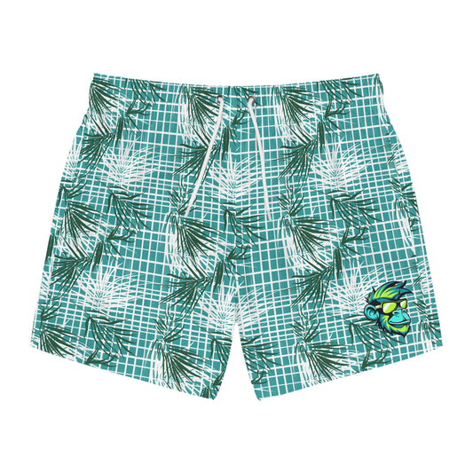 Tropical Palm Plaid Swim Trunks — Teal All-Over-Print with Palm Leaf Pattern