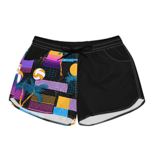 Retro Beach Volleyball Women's Casual Shorts — Neon Palm Sunset AOP