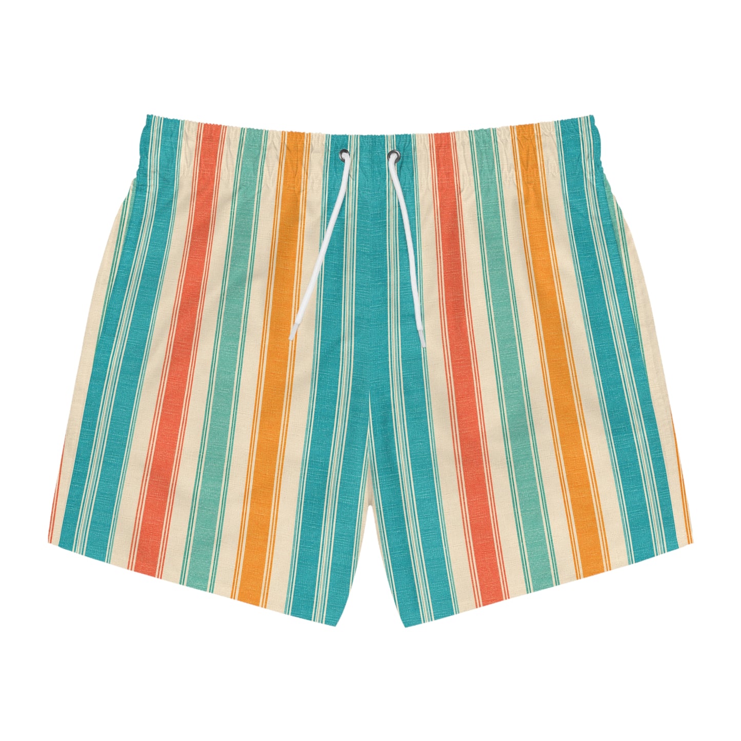 Retro Beach Stripe Swim Trunks — Teal, Coral & Mustard All-Over Print