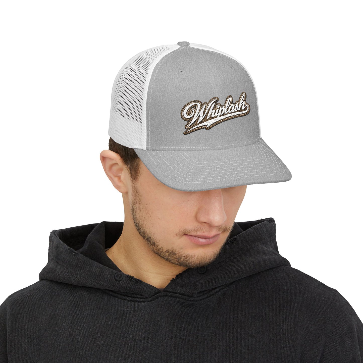 Whiplash Script Snapback Trucker Cap — Retro Baseball Mesh Hat