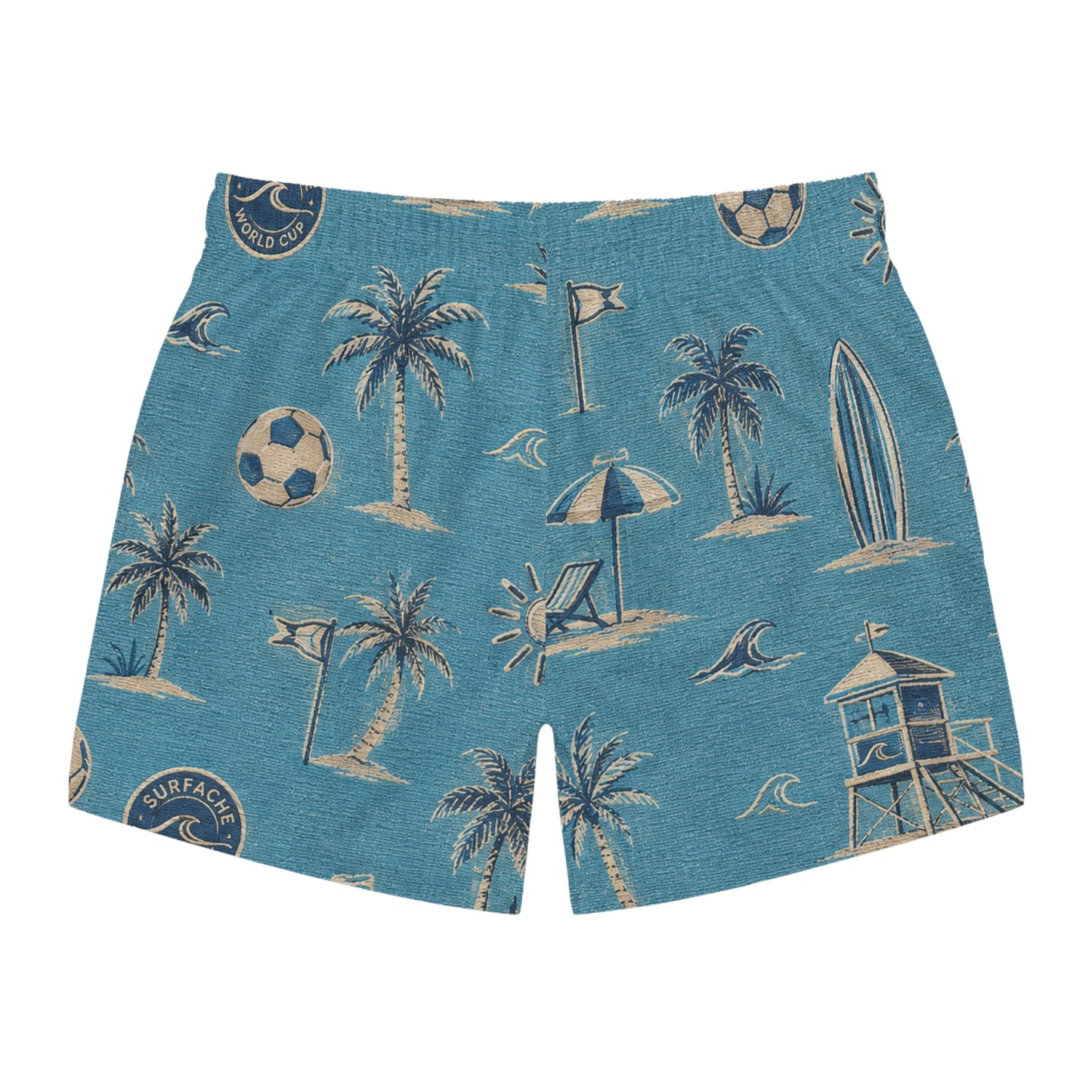 Surfache World Cup Men's Tropical Beach Print Swim Trunks — Palm Trees, Surf & Lifeguard Pattern