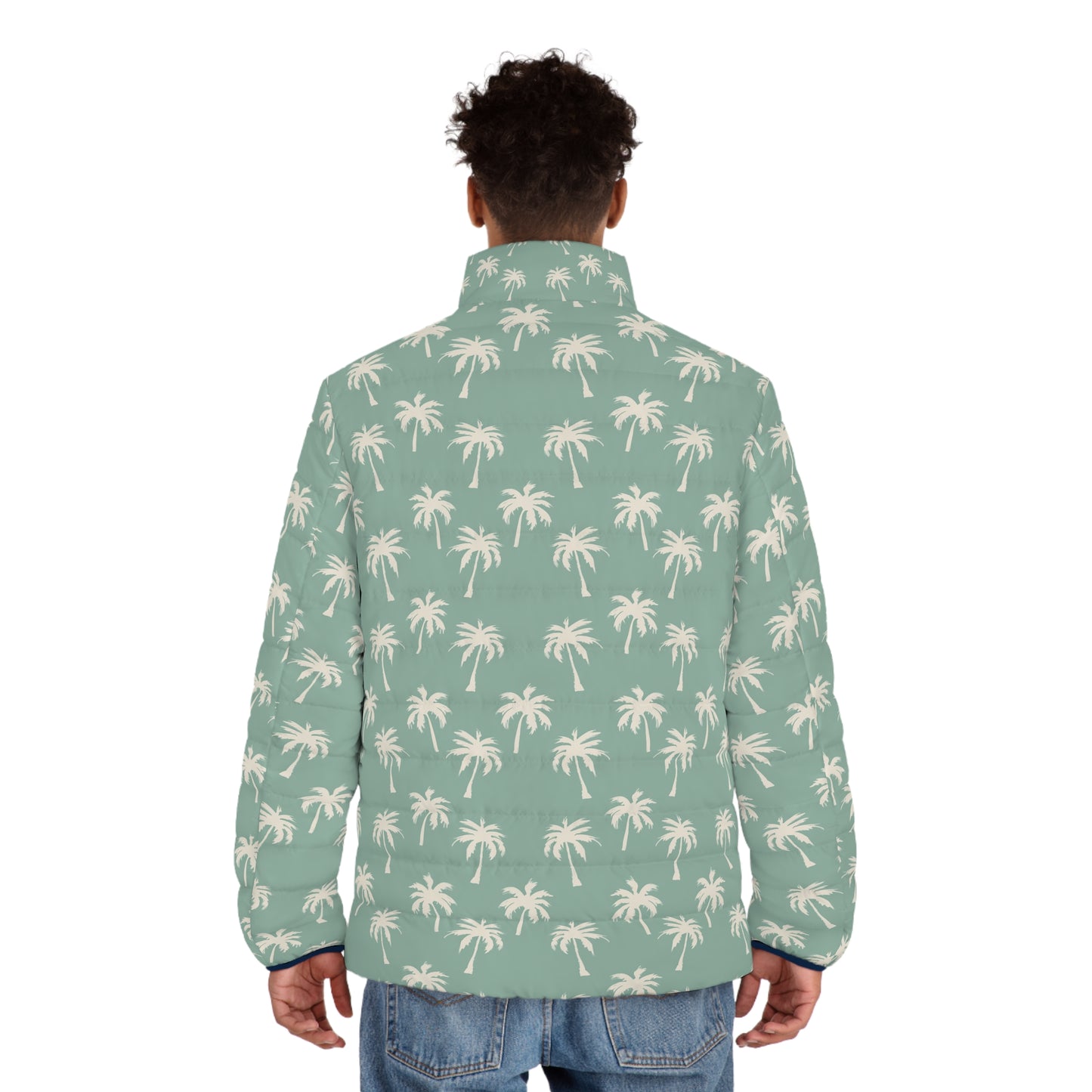 Palm Pattern Puffer Jacket — Green Tropical Print Men’s Puffer
