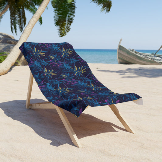 Tropical Night Palm Beach Towel — Dark Blue Floral Palm Pattern