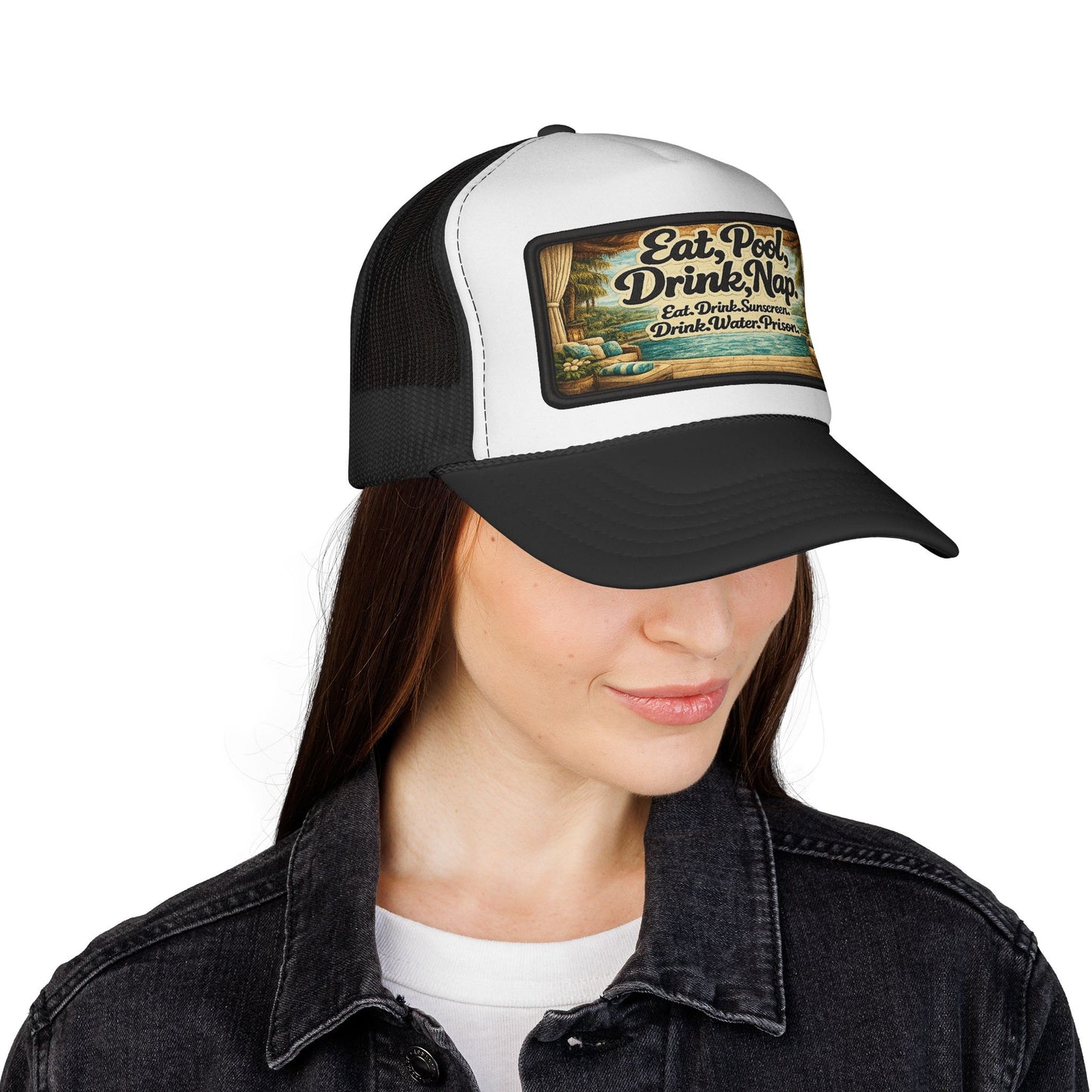 Surfache Trucker Cap - "Eat, Pool, Drink, Nap" Vintage Beach Patch Hat