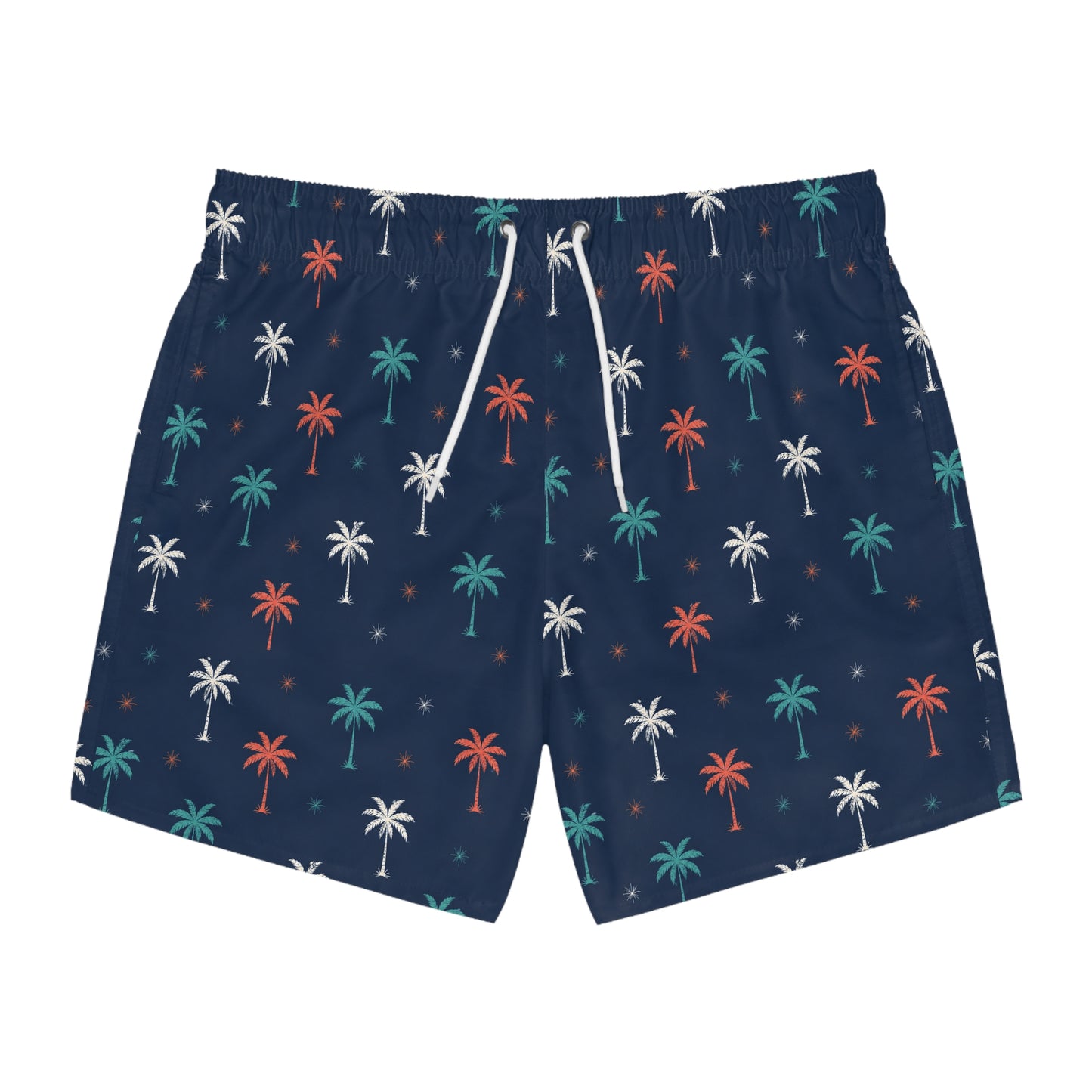 Navy Palm Print Swim Trunks — Retro Tropical Men's Beach Shorts