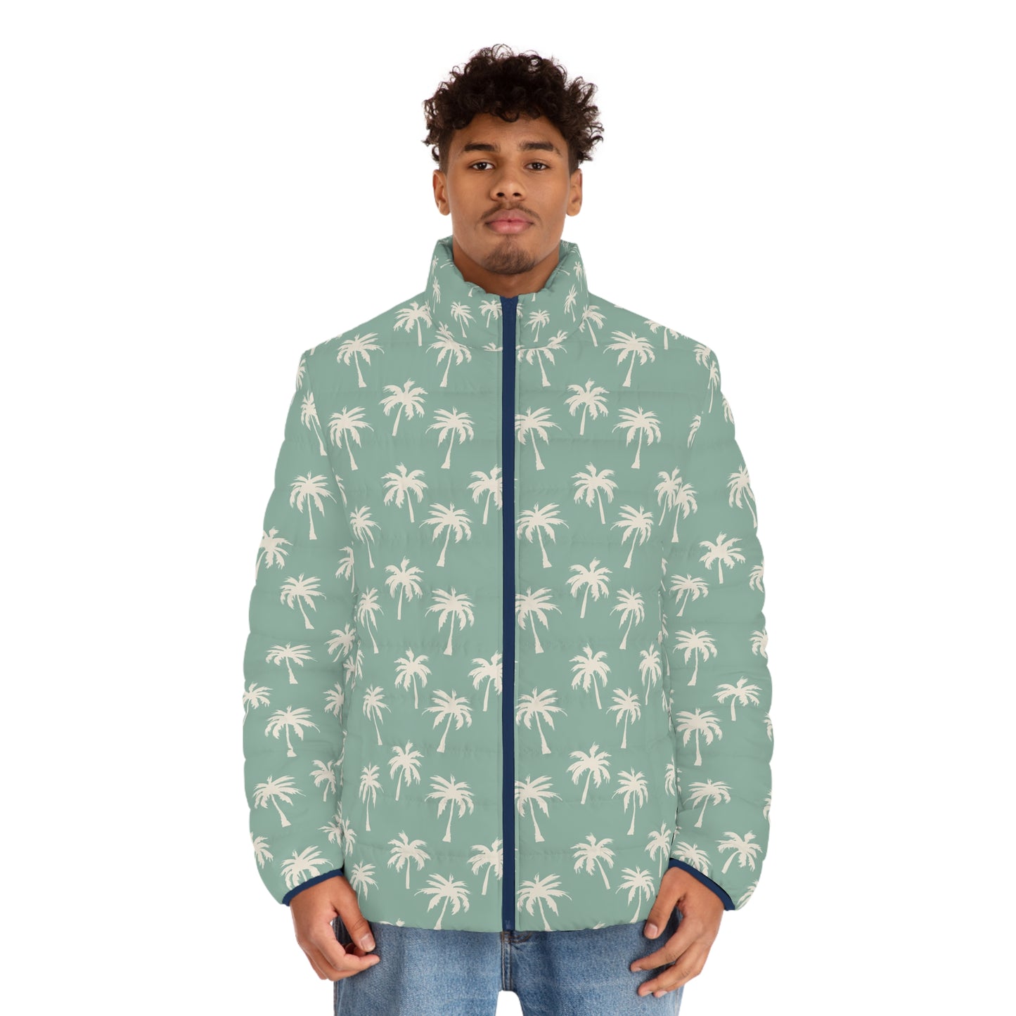 Palm Pattern Puffer Jacket — Green Tropical Print Men’s Puffer