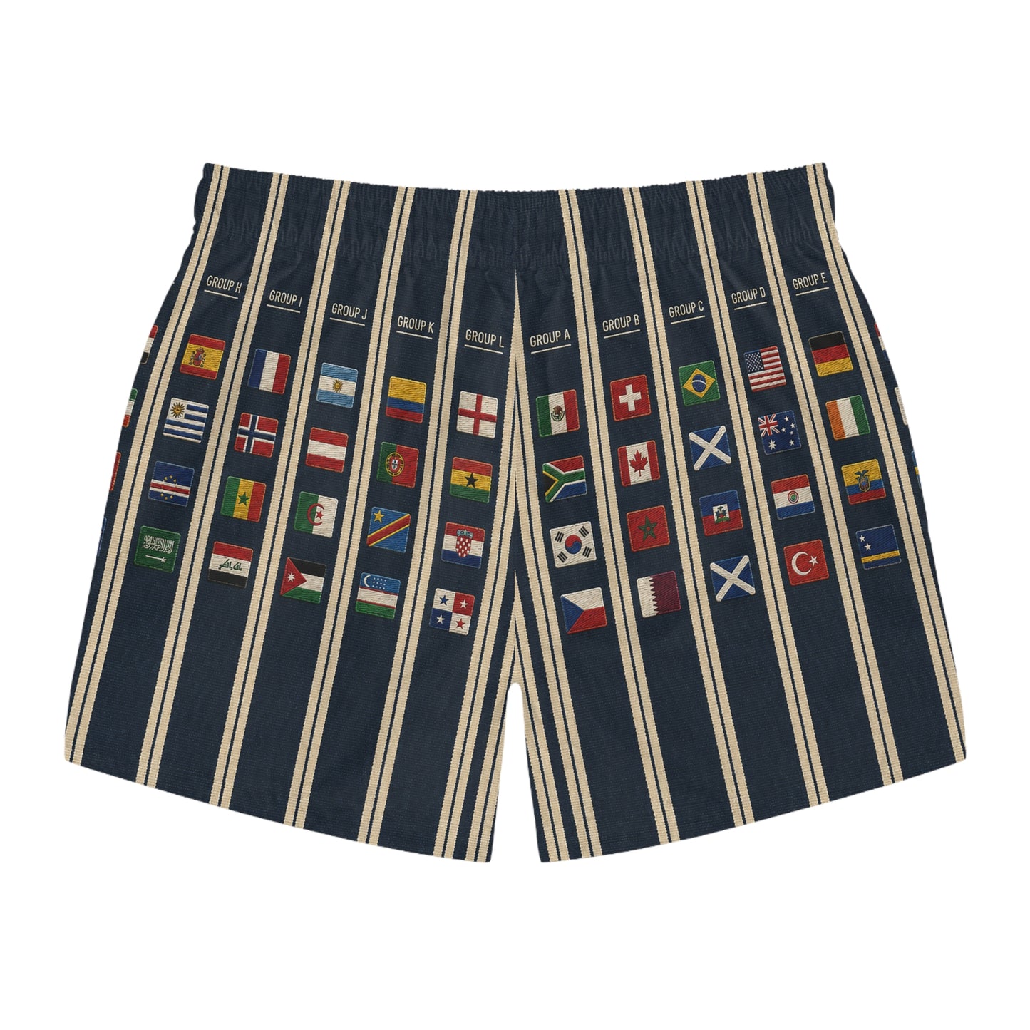 Surfache World Cup Groups 2026- Flags Swim Trunks — Retro Striped Vacation Boardshorts