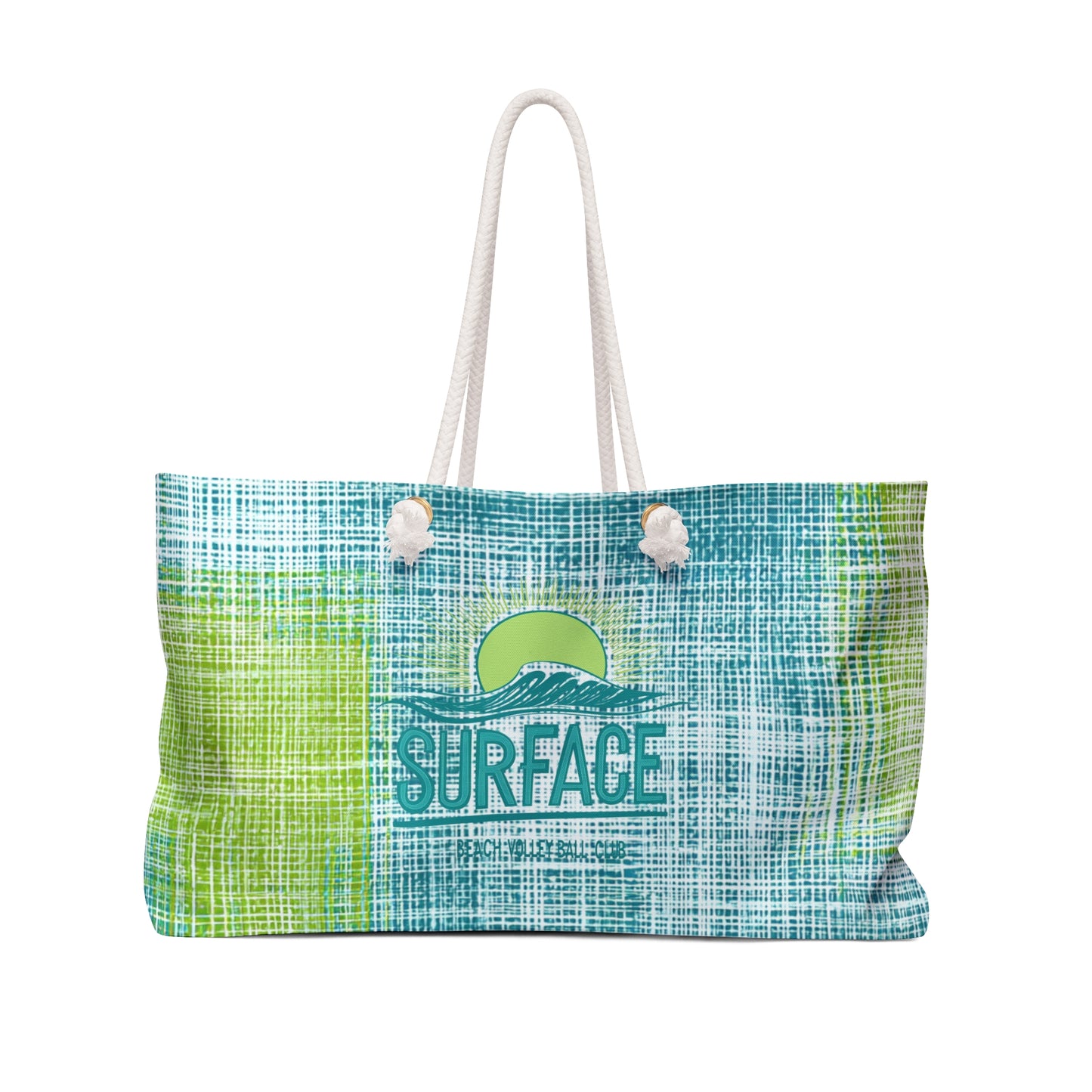 Surf Vibe Weekender Bag — Blue Green Beach Tote with "Surface" Logo