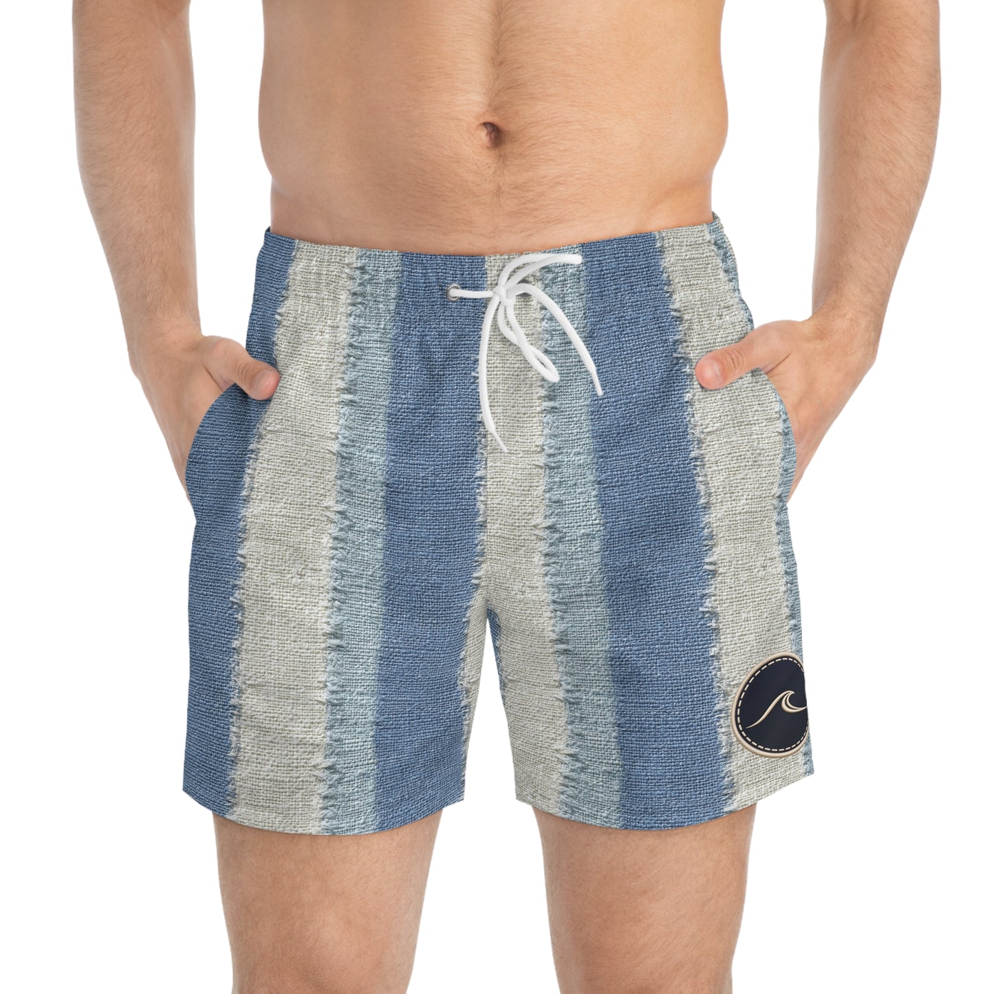 Surfache Striped Blue Swim Trunks — Casual Surf Logo Beach Shorts