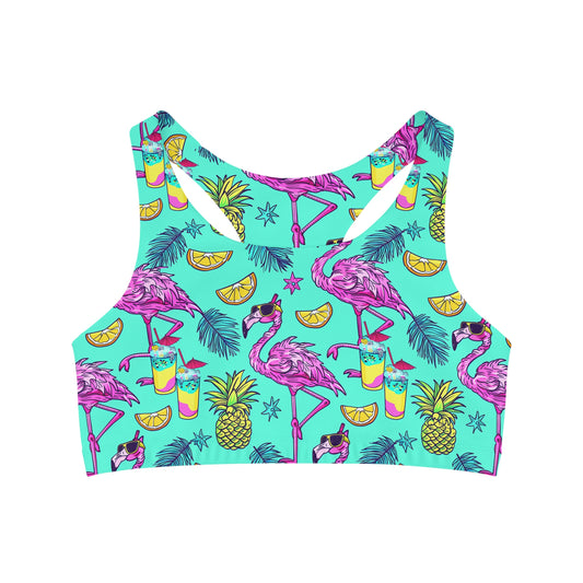 Flamingo Party Surface Beach Volleyball Club Seamless Sports Bra (AOP)