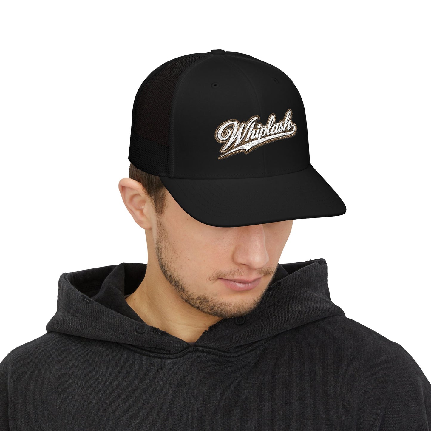 Whiplash Script Snapback Trucker Cap — Retro Baseball Mesh Hat