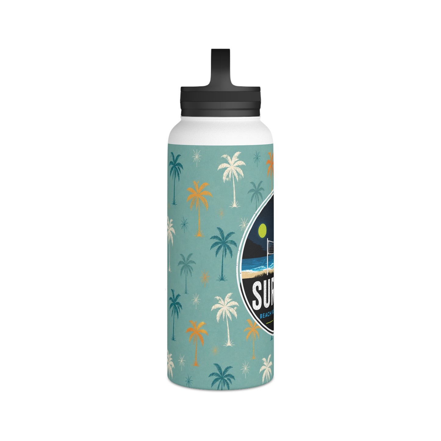 Surface Beach Volleyball Club Stainless Steel Water Bottle — Tropical Palm Handle Lid