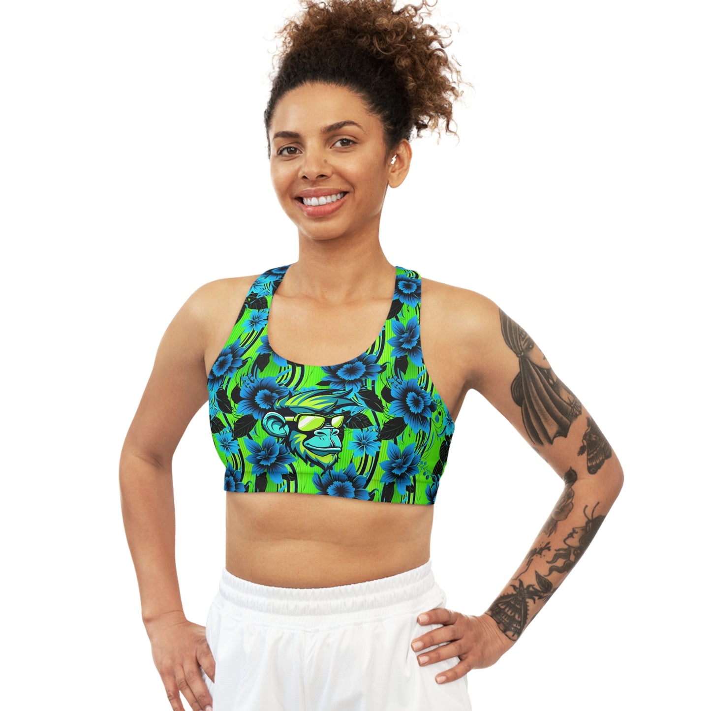 Surface Beach Volleyball Club Striped Floral Logo Seamless Sports Bra (AOP)