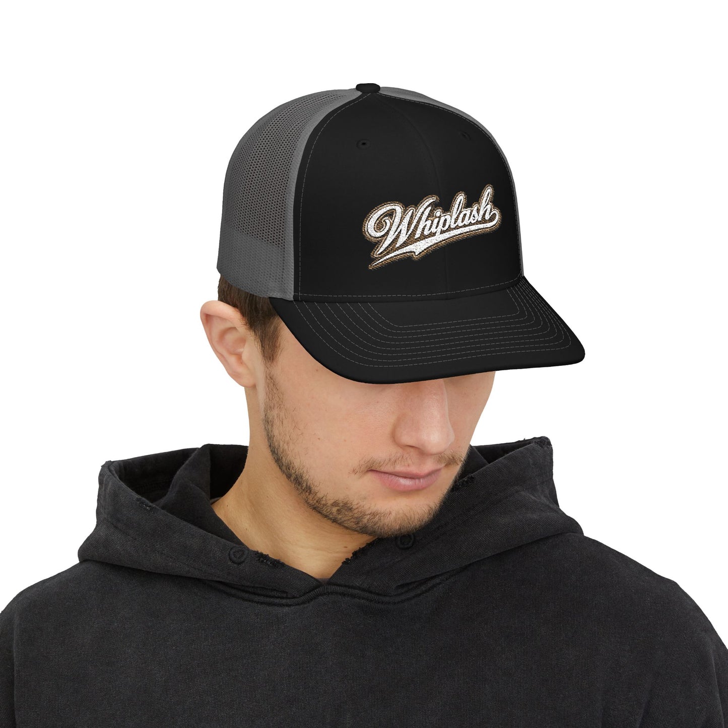 Whiplash Script Snapback Trucker Cap — Retro Baseball Mesh Hat