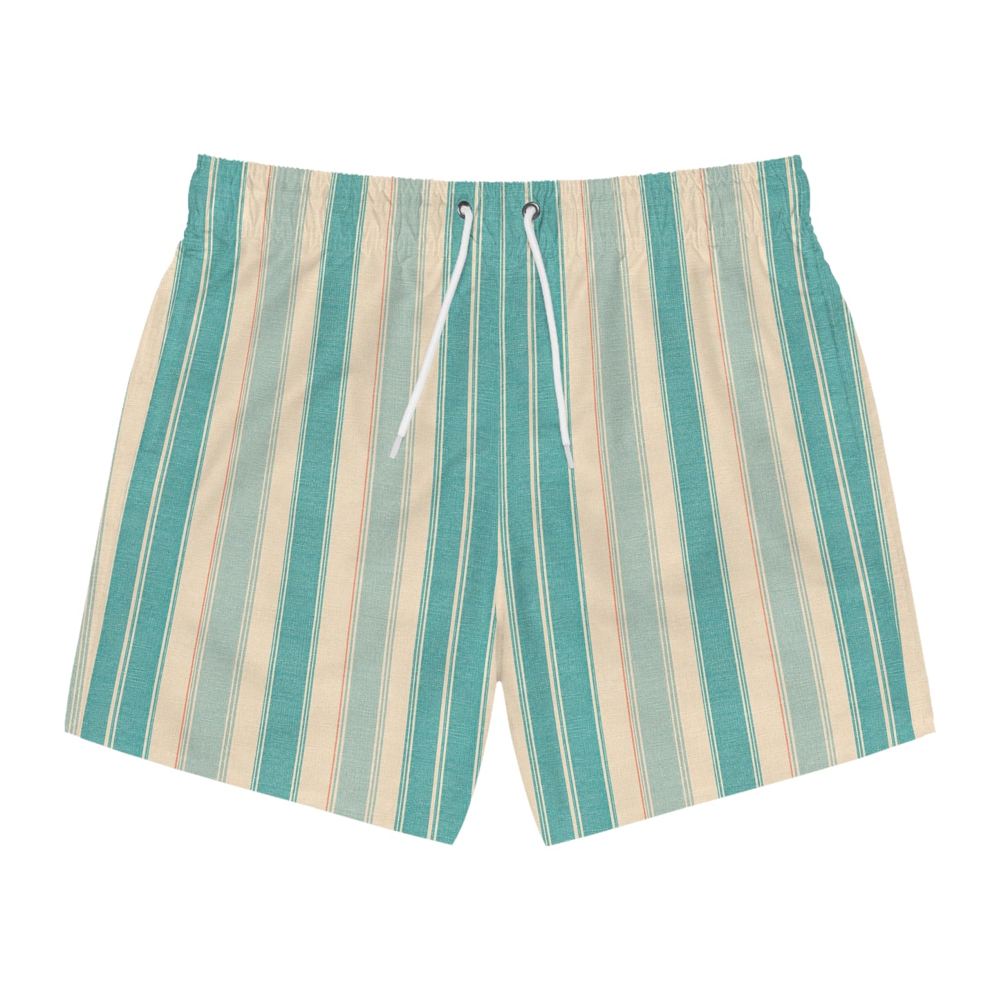 Aqua Beach Stripe Swim Trunks — Retro Teal & Cream Men's Swim Shorts