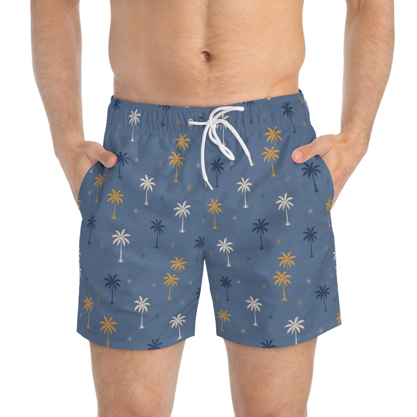 Palm Tree Swim Trunks — Blue All-Over Print Beach Shorts