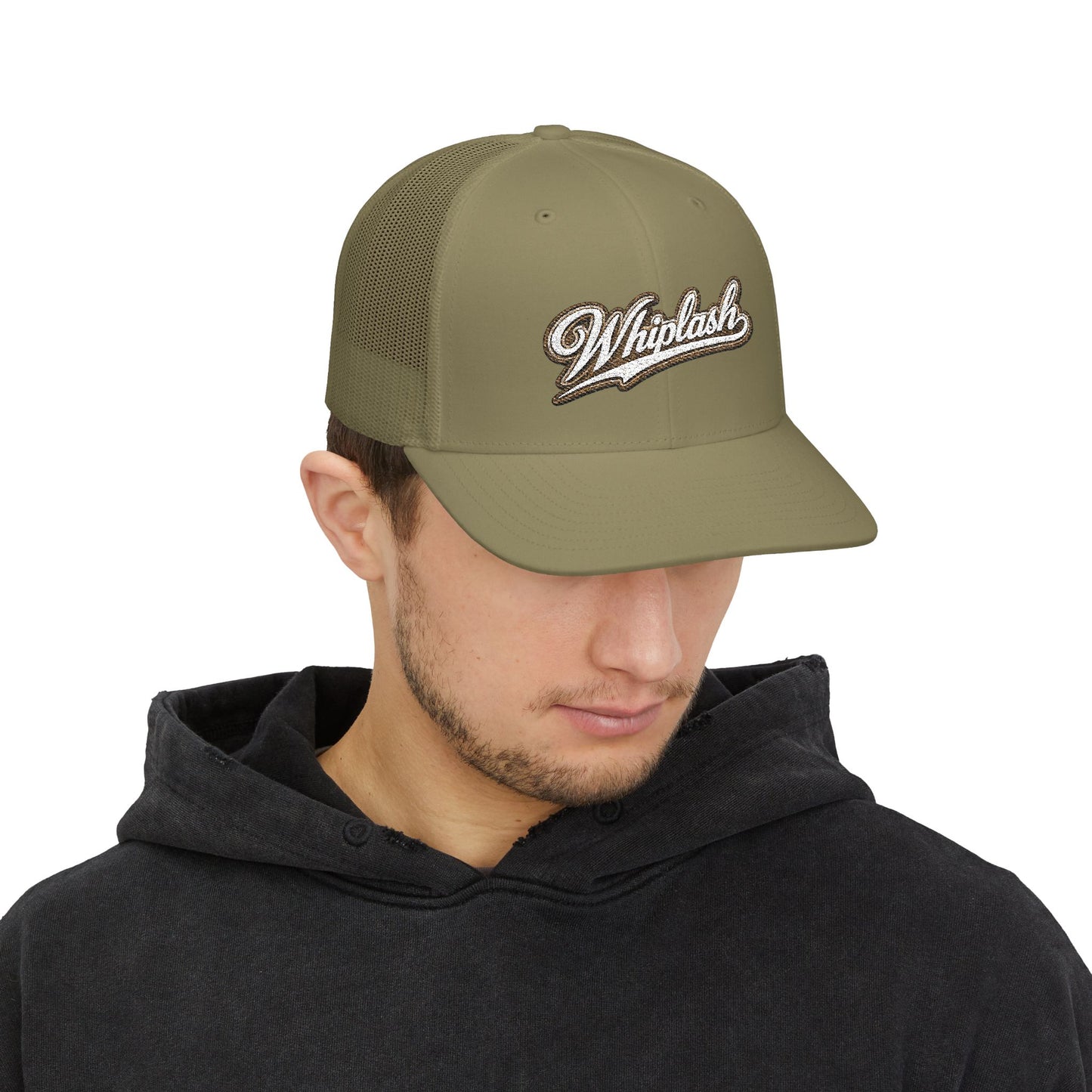 Whiplash Script Snapback Trucker Cap — Retro Baseball Mesh Hat