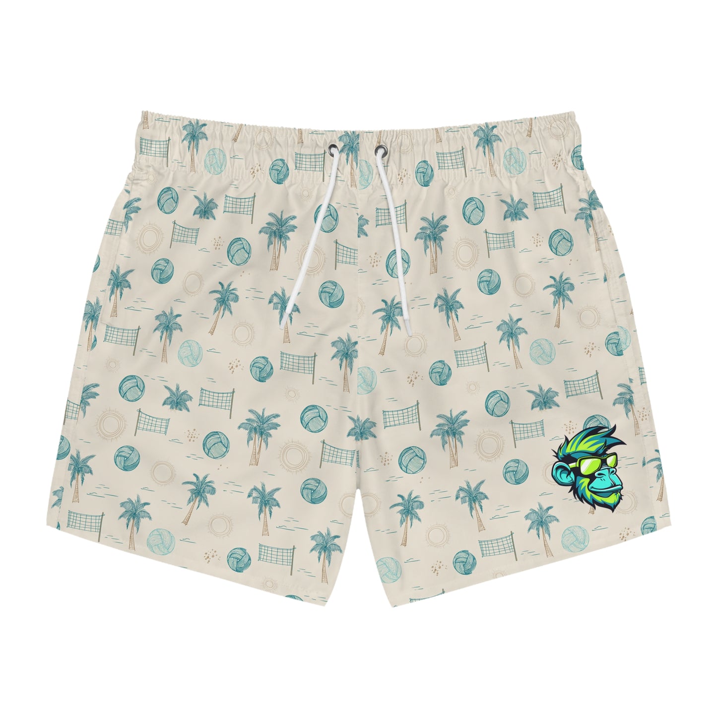 Swim Trunks - Tropical Volleyball Palm Pattern with Neon Lobster Accent