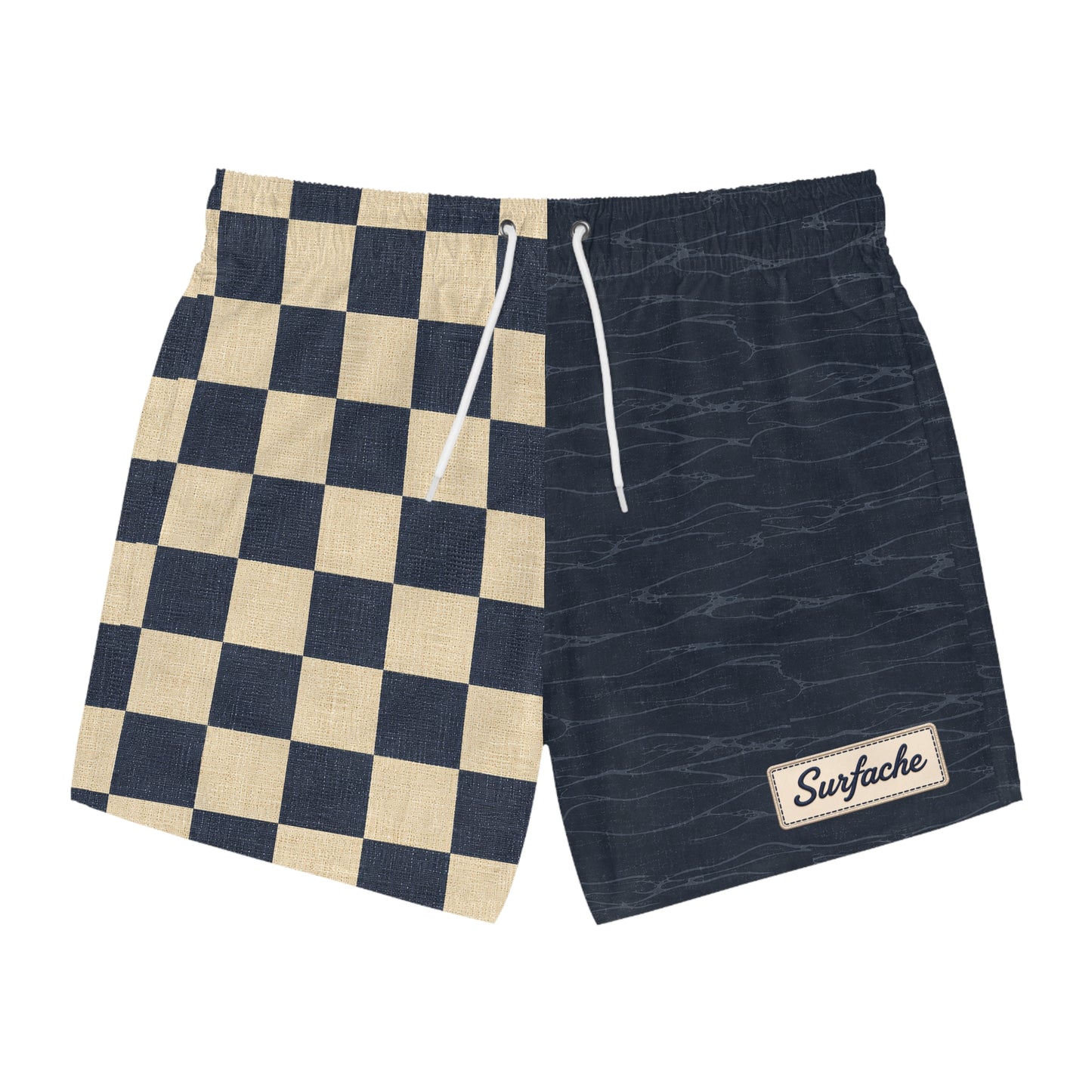 Surfache Club Checkerboard Split Swim Trunks — Retro Surf Logo Swim Shorts